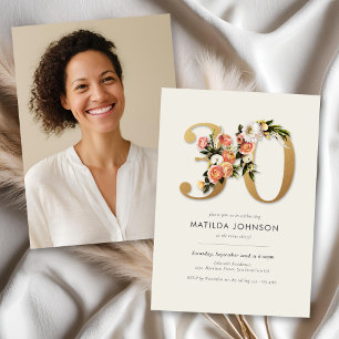 Boho Floral with Photo 30th Birthday Invitation