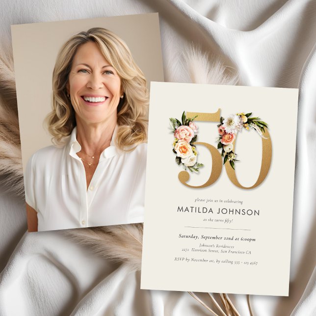 Boho Floral with Photo 50th Birthday Invitation (Boho Floral with Photo 50th Birthday Invitation)