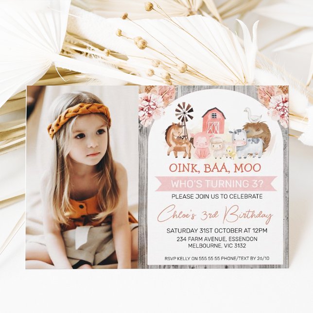 Boho Floral Wood Farm Photo Birthday Invitation (Creator Uploaded)