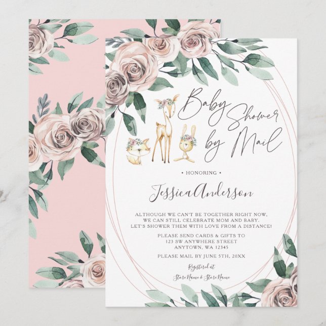 Boho Floral Woodland Animals Baby Shower by Mail Invitation (Front/Back)