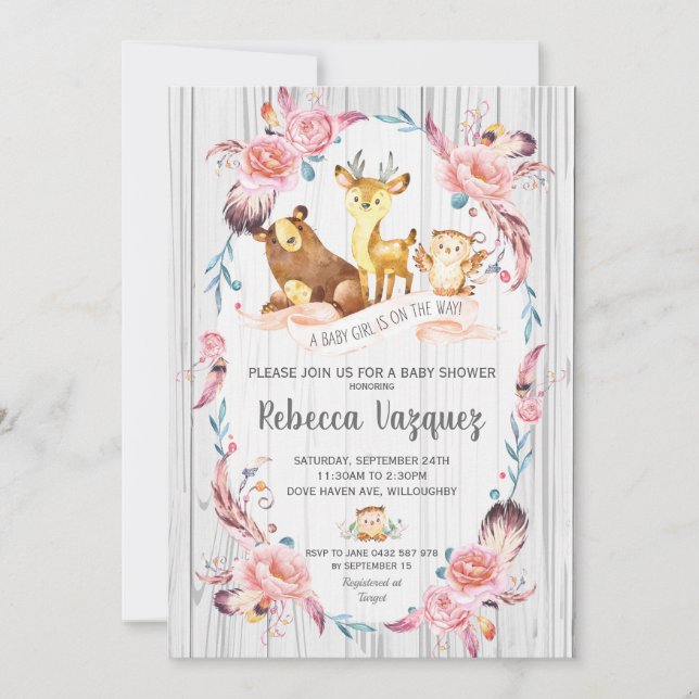 Boho Floral Woodland Animals Baby Shower Girl Invitation (Front)