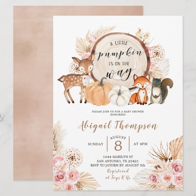 Boho Floral Woodland Pumpkin Baby Shower Invitation (Front/Back)
