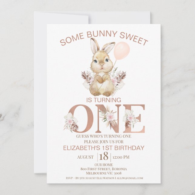 Boho Floral Word Bunny Rabbit 1st Birthday Invitation (Front)