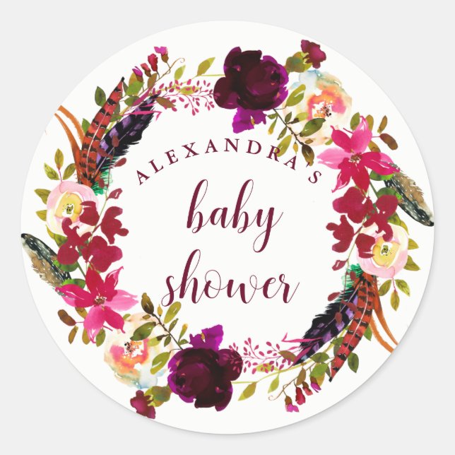 Boho Floral Wreath | Baby Shower Classic Round Sticker (Front)