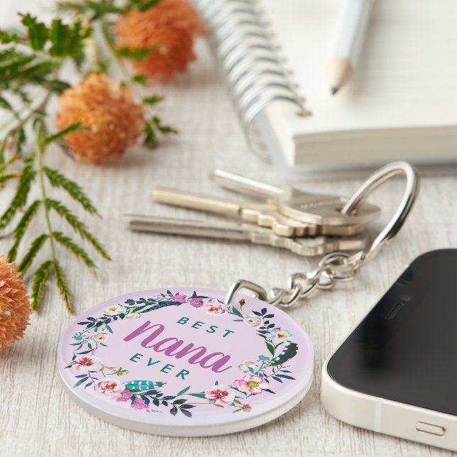 Boho Floral Wreath Best Nana Ever Photo Key Ring (Front Right)