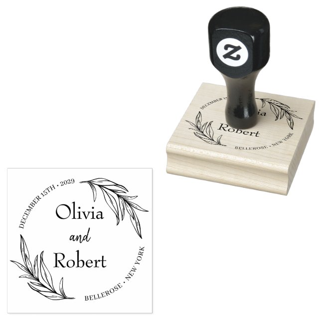 Boho floral wreath botanical wedding monogram logo rubber stamp (Stamped)