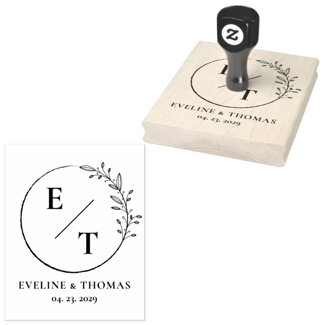 Boho floral wreath botanical wedding monogram logo rubber stamp (Stamped)