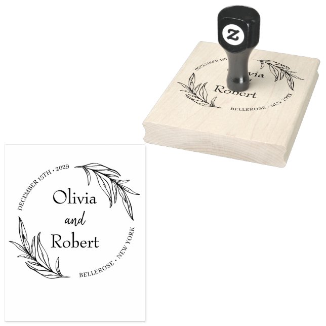 Boho floral wreath botanical wedding monogram logo rubber stamp (Stamped)