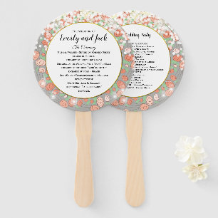 Boho Floral Wreath Coral Grey Gold Wedding Program Hand Fan