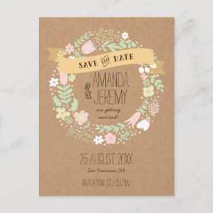 Boho Floral Wreath Pastel Rustic Save the Date Announcement Postcard