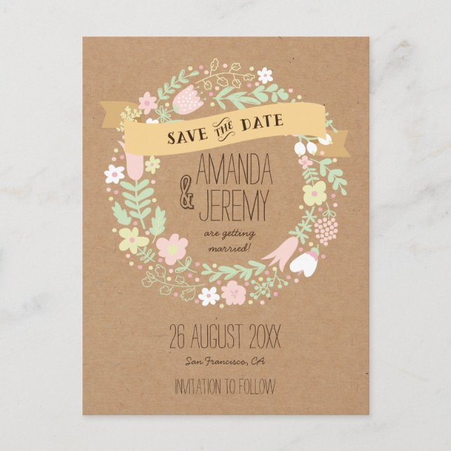 Boho Floral Wreath Pastel Rustic Save the Date Announcement Postcard (Front)
