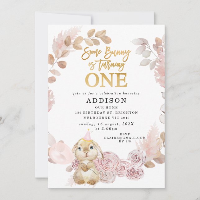 Boho Floral Wreath Some Bunny 1st Birthday Invitation (Front)