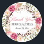 Boho Floral Wreath Thank You Wedding Favour Classic Round Sticker<br><div class="desc">Boho Floral Wreath Thank You Wedding Favour Sticker. (1) For further customisation, please click the "customise further" link and use our design tool to modify this template. (2) If you prefer Thicker papers / Matte Finish, you may consider to choose the Matte Paper Type. (3) If you need help or...</div>