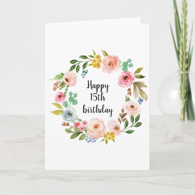 Boho Floral Wreath Watercolor Birthday Girl Card (Front)