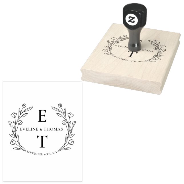 Boho floral wreath wedding monogram logo rubber stamp (Stamped)