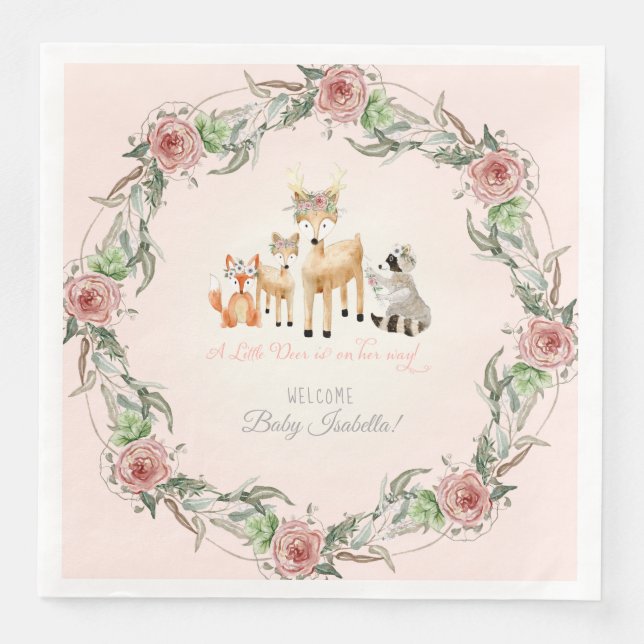 Boho Floral Wreath Woodland Animals Baby Shower Napkin (Front)