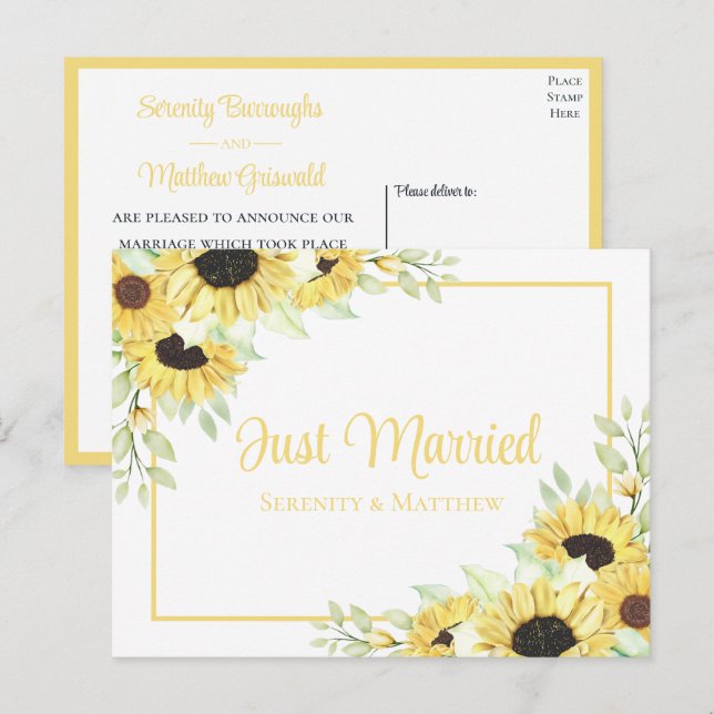 Boho Floral Yellow Sunflower Just Married Wedding Announcement Postcard (Front/Back)