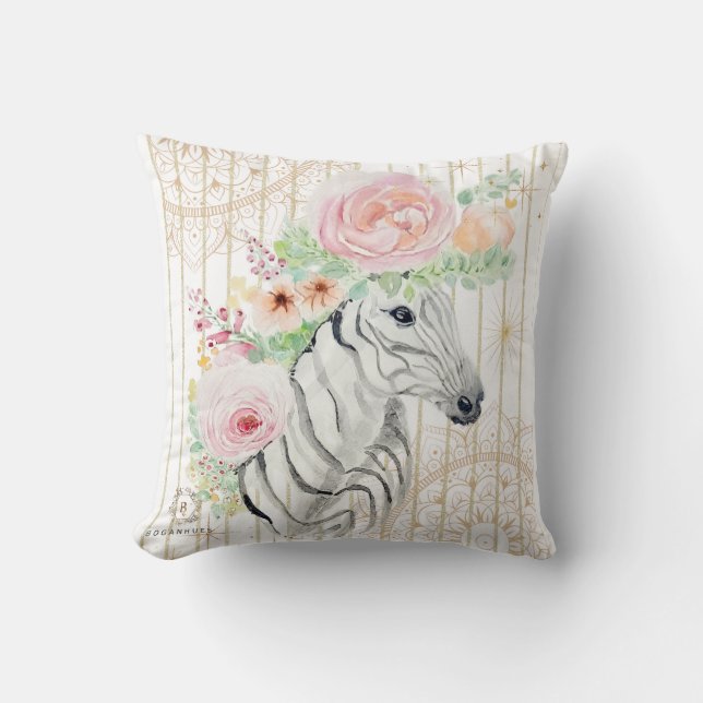 Boho Floral Zebra Pillow – Watercolor Animal Print (Front)