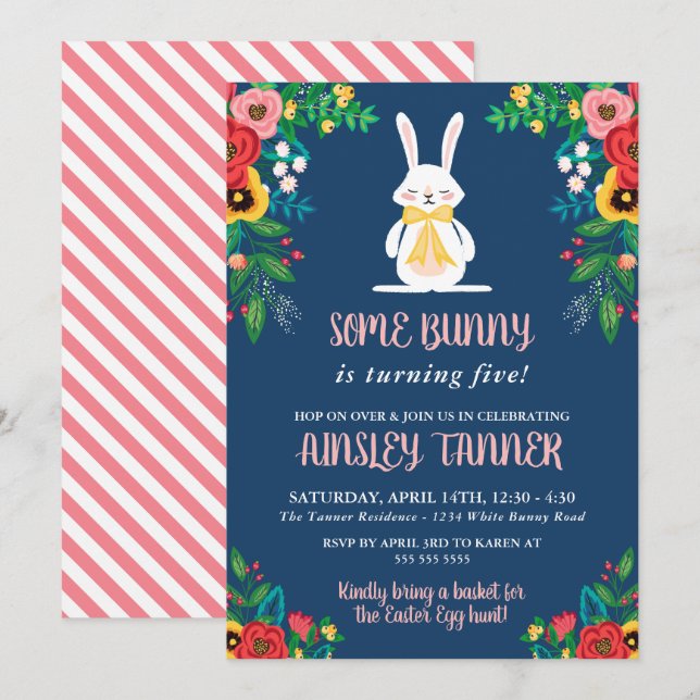 Boho Florals & Bunny | Colourful Kids Birthday Invitation (Front/Back)