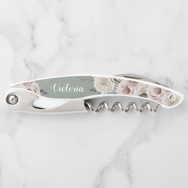 Boho Florals Calligraphy Bridesmaid Name Favour Corkscrew (Front)
