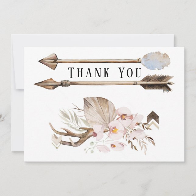 Boho Florals & Deer Antlers Arrows Thank You Cards (Front)