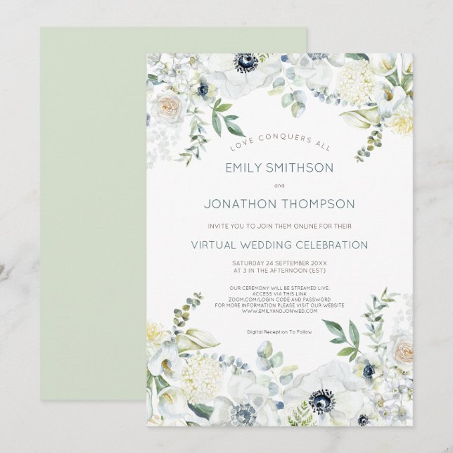 Boho Florals Eucalyptus Leaves Virtual Wedding Invitation (Front/Back)