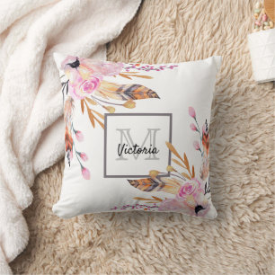 Boho florals feather white pink girly monogrammed cushion