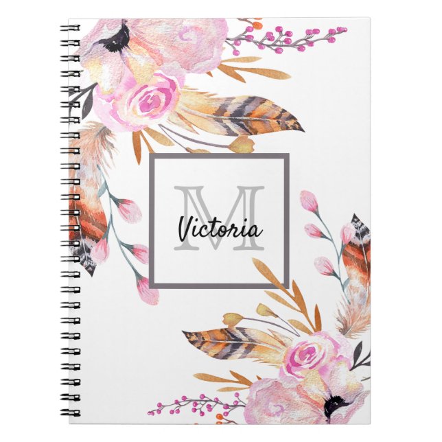Boho florals feather white pink girly monogrammed notebook (Front)