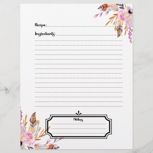 Boho florals feather white pink recipe sheet (Back)