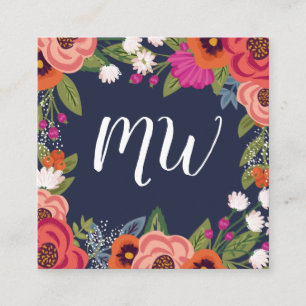 Boho Florals - Navy Blue & Coral - Monogrammed Square Business Card