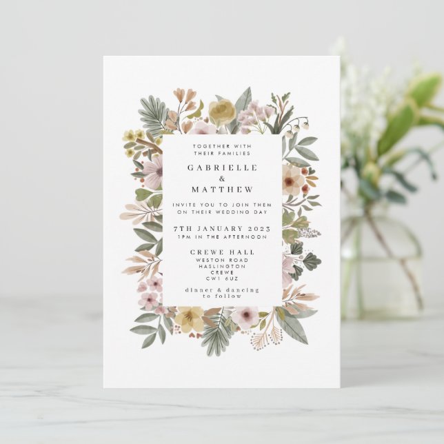 Boho Florals Neutral Wedding Invitation (Standing Front)
