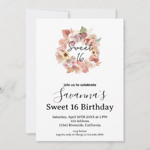 Boho Florals Personalised Sweet 16 Birthday Invitation