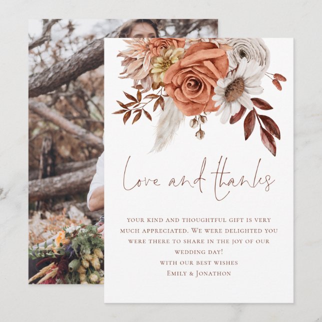 Boho Florals Photo Love Thanks Brown Text Wedding Card (Front/Back)