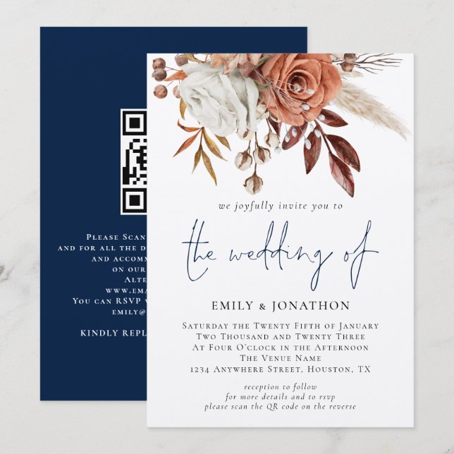 Boho Florals QR Code Navy Blue Winter Wedding  Invitation (Front/Back)