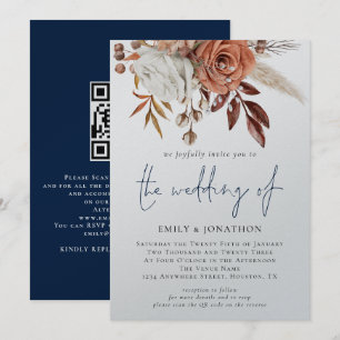 Boho Florals QR Code Navy Blue Winter Wedding Invitation