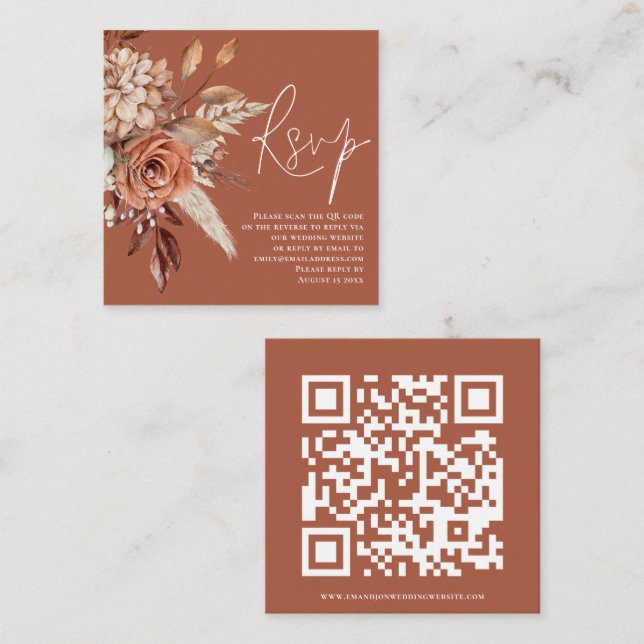 Boho Florals QR Code Terracotta Wedding RSVP  Enclosure Card (Front/Back)