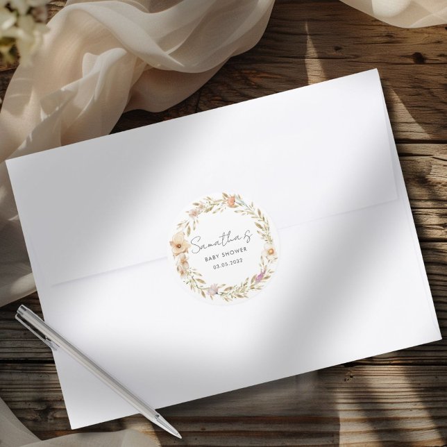 Boho Flower Baby Shower Classic Round Sticker (Boho Flower Baby Shower Custom Classic Round Sticker with your Name & Date. For Baby Girl & Baby Boy)