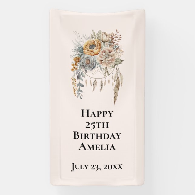 Boho Flower Bouquet and Dreamcatcher Birthday Banner (Vertical)