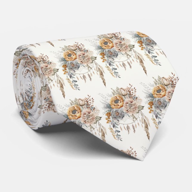 Boho Flower Bouquet and Dreamcatcher Pattern Tie (Rolled)