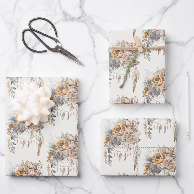 Boho Flower Bouquet and Dreamcatcher Pattern Wrapping Paper Sheet (Front)