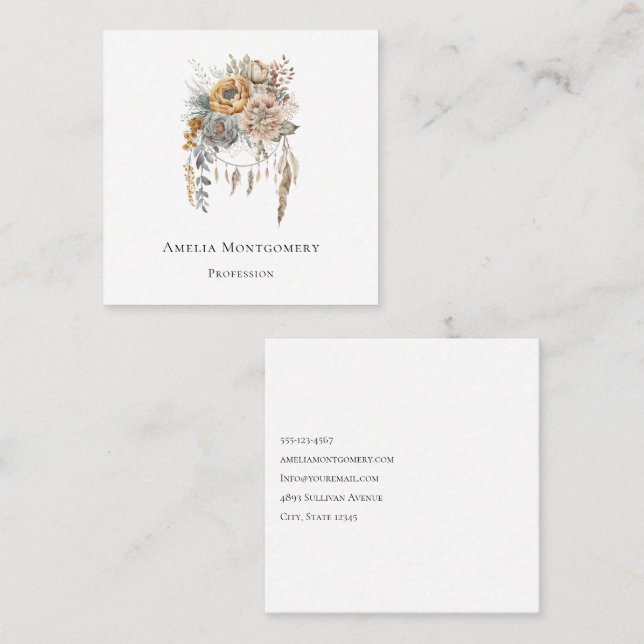 Boho Flower Bouquet and Dreamcatcher Square Business Card (Front/Back)