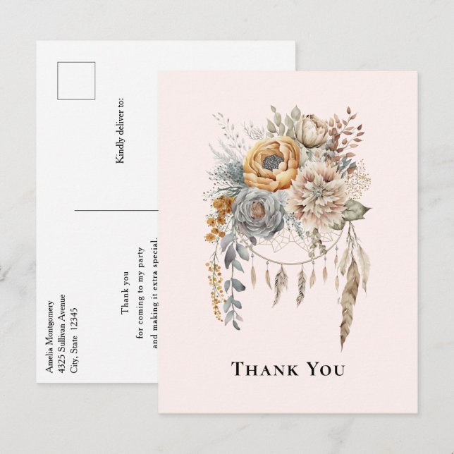Boho Flower Bouquet and Dreamcatcher Thank You Postcard (Front/Back)