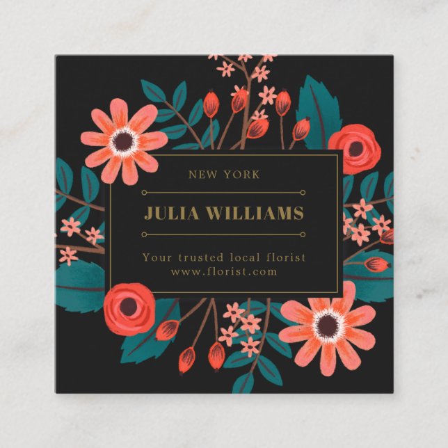 Boho flower bouquet elegant chic gold frame floral square business card (Front)