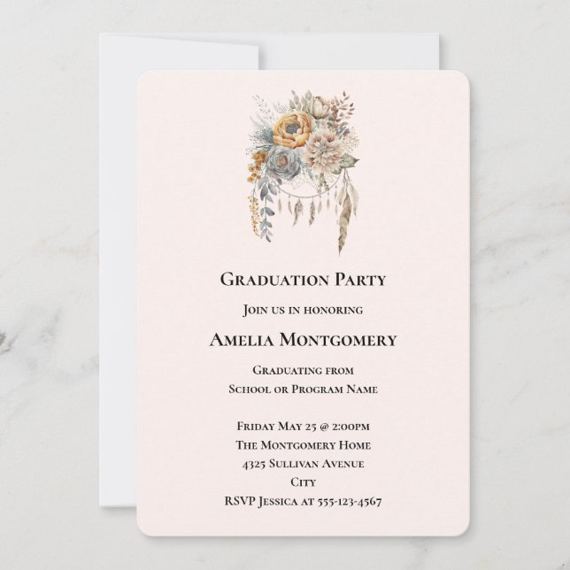 Boho Flower Bouquet in Neutral Colours Graduation Invitation (Front)