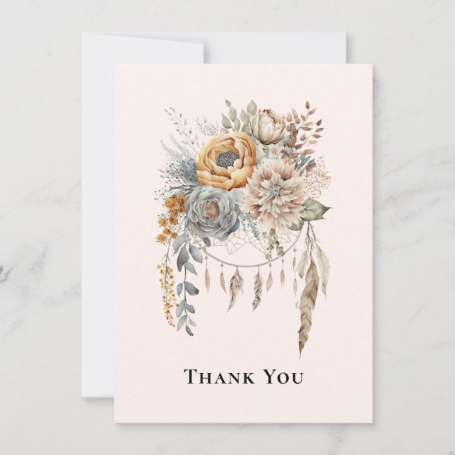 Boho Flower Bouquet in Neutral Colours Thank You Card (Front)