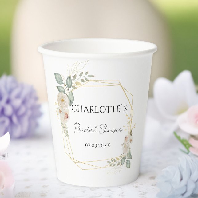 Boho Flower Bridal Shower    Paper Cups (Boho Flower Eucalyptus Bridal Shower Paper Cups with your name and date.)