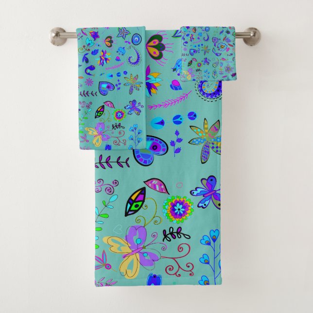Boho Flower Doodles Bath Towel Set (Insitu)