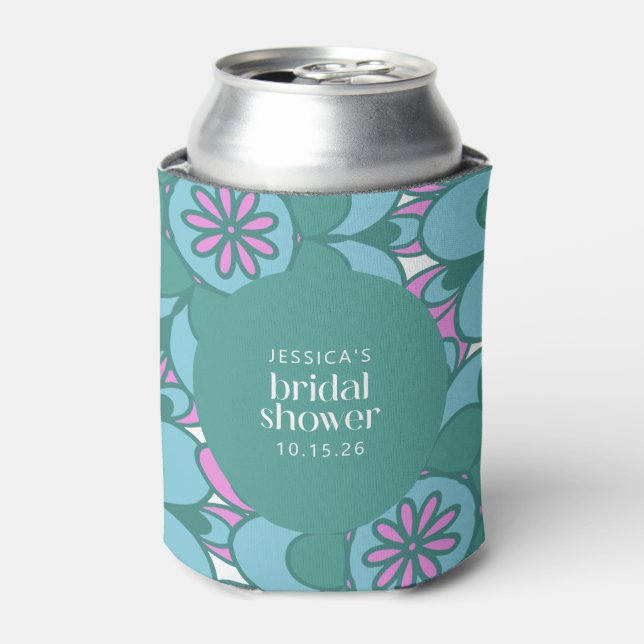 Boho Flower Groovy Green Bridal Shower Custom Can Cooler (Can Front)