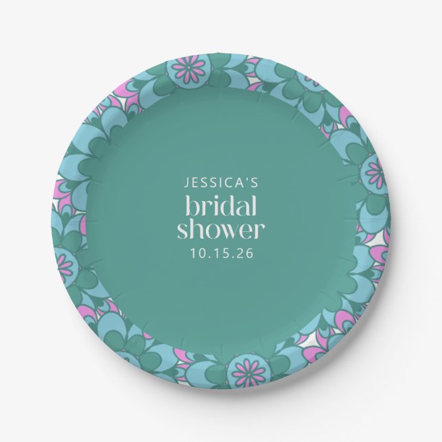 Boho Flower Groovy Green Bridal Shower Custom Paper Plate (Front)