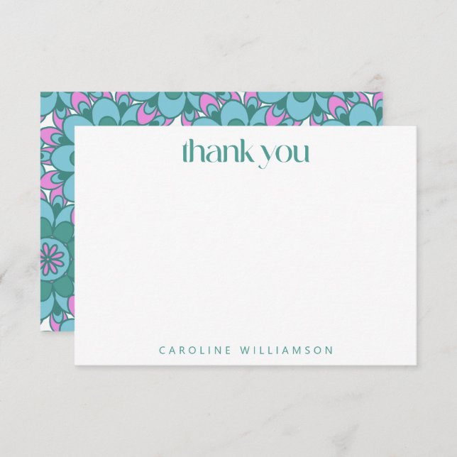 Boho Flower Groovy Green Personalised Name  Thank You Card (Front/Back)